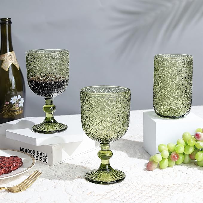 Joeyan Vintage Glass Wine Goblet,Green Embossed Floral Stemmed Wine Glasses,Colored Drinking