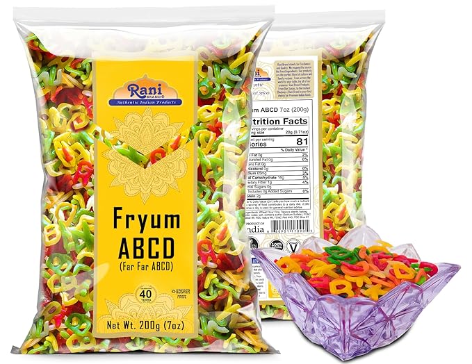 Rani Far Far/Fryums (Wheat & Tapioca Pellet) ABCD Shape 7oz (200g) ~ Vegan, Kosher, Uncooked, Used