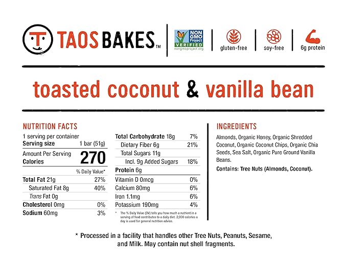 Taos Bakes - Toasted Coconut + Vanilla Bean - Snack Bars - 6g Fiber & Gluten-Free Granola Bars