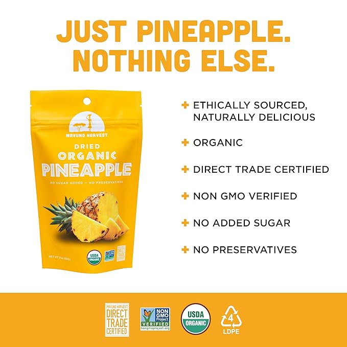 Mavuno Harvest Pineapple Dried Fruit Snacks | Organic Dried Pineapple Chunks| Gluten Free Healthy
