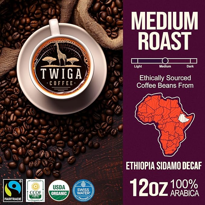 Twiga Coffee Premium Ethiopian Sidamo Decaf ??Organic Medium Roast Arabica Whole Bean ??Decaf