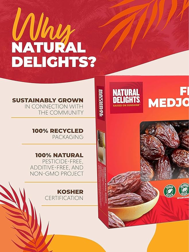 Natural Delights Medjool Dates Whole - Non-GMO Verified Fruit, Good Source of Fiber & Potassium