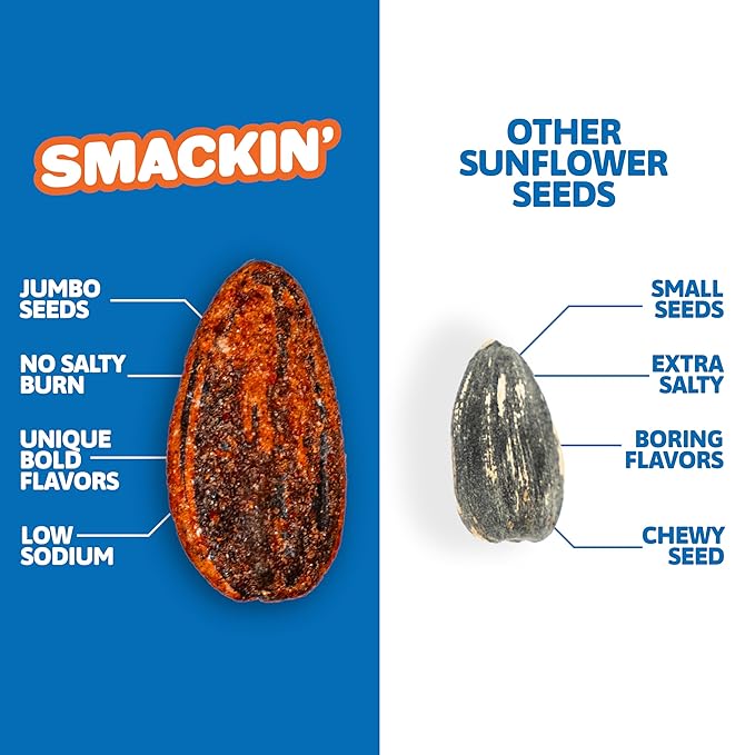 SMACKIN' Sunflower Seeds, Roasted Jumbo Small-Batch, American Made - Backyard BBQ. 1.5oz bags (36
