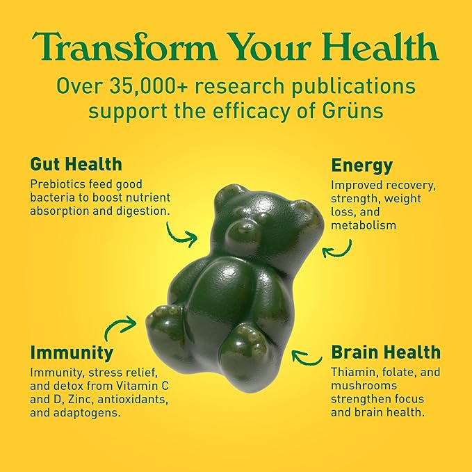 Gruns Adult Sugar-Free Super Greens Gummies, Superfood Gummy Bears with Spirulina, Chlorella, Fiber
