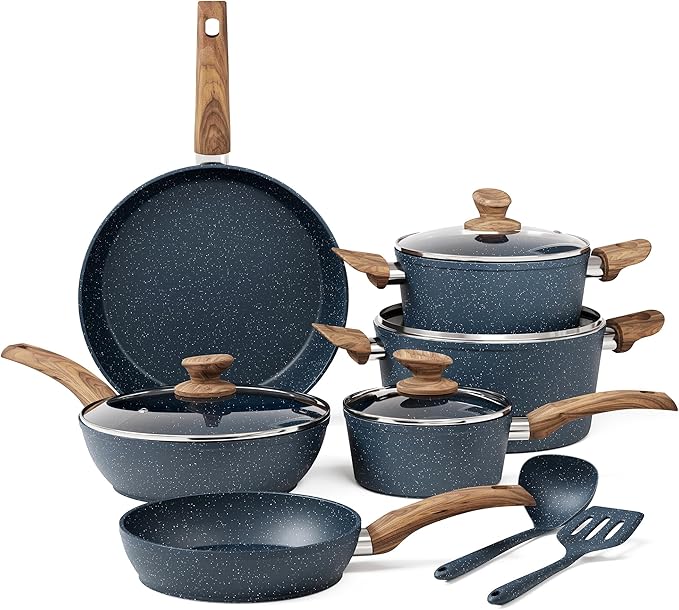 Kitchen Academy Pots and Pans Set Non Stick - 12 Piece Induction Kitchen Cookware Sets, Blue