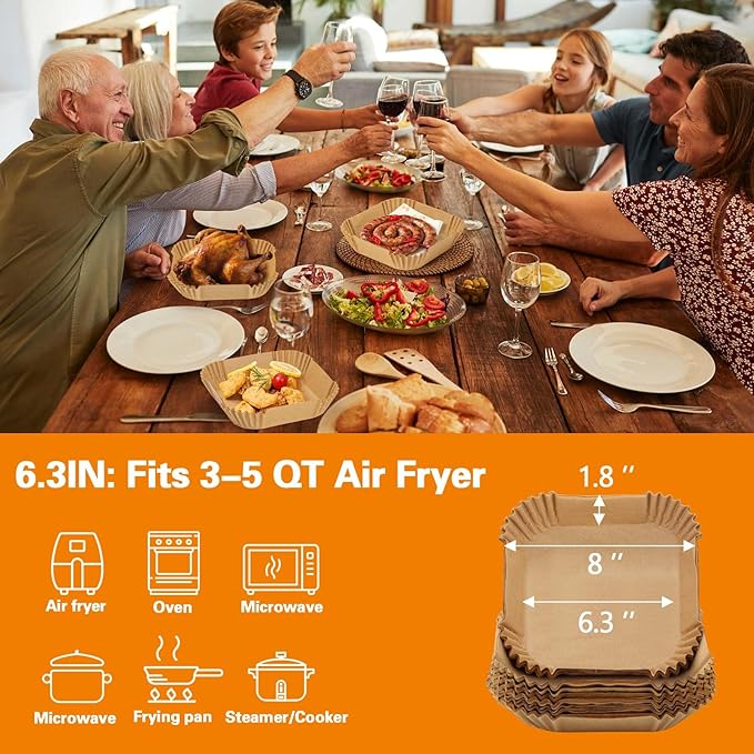 200Pcs Air Fryer Paper Liners, 6.3 Inch Square Disposable Air Fryer Liner, Non-stick Parchment