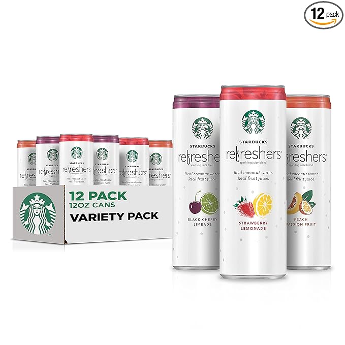 Starbucks Refreshers, 3 Flavor Variety Pack (Peach,Cherry, Stw Lmd), 12 Ounce Sleek Cans (Pack of