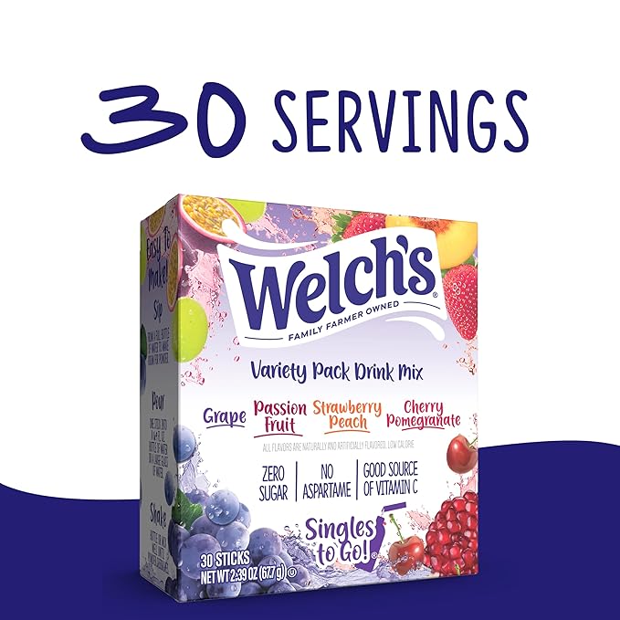 Welch's Singles To Go Variety Pack, Watertok Powdered Drink Mix, Includes 4 Flavors, Grape, Passion