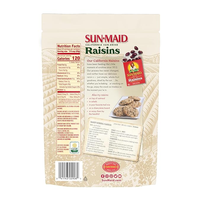 Sun-Maid Organic California Sun-Dried Raisins - 32 oz Resealable Bag - Organic Dried Fruit Snack