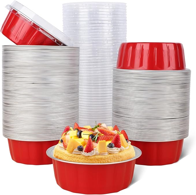Beasea Disposable Ramekins for Baking, 120 Pack 8 oz 4 Inch with Lids Mini Red Foil Creme Brulee