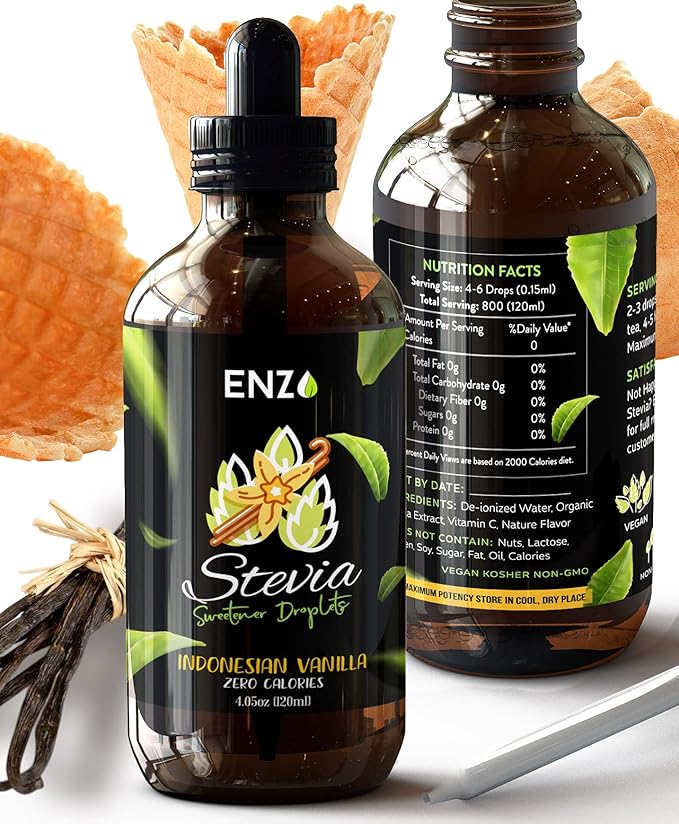 Enzo Liquid Stevia Drops Our Zero Calories Sweetener (4oz - 800 Servings/Bottle) - Vanilla - All