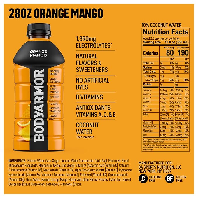 BODYARMOR Sports Drink Sports Beverage, Orange Mango, Coconut Water Hydration, Natural Flavors With