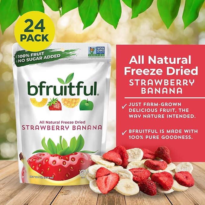 bfruitful Freeze-Dried Strawberry Banana, Freeze Dried Fresh Fruit Bites, Gluten Free, Vegan, Dairy