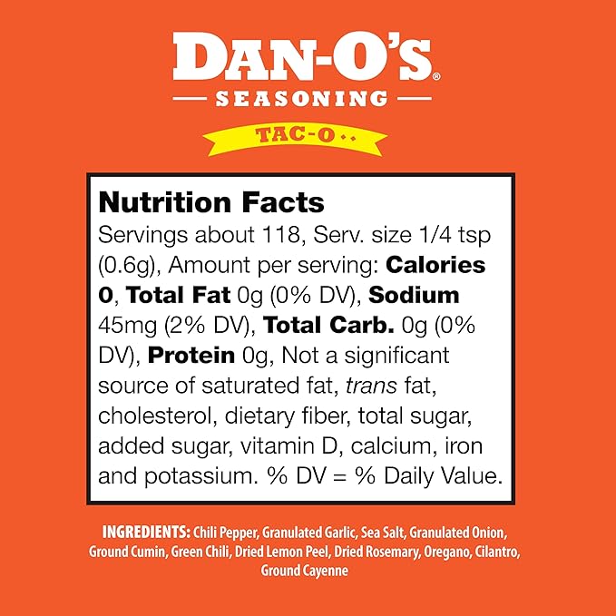 Dan-O's Tac-O Seasoning, 2.5 oz Bottle, All Purpose Taco Seasoning for Tacos, Quesadillas, Ground