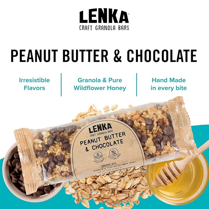 Lenka Bars - Peanut Butter & Chocolate Snack Bars, Gluten Free, High Fiber, Kosher, Wholesome, No