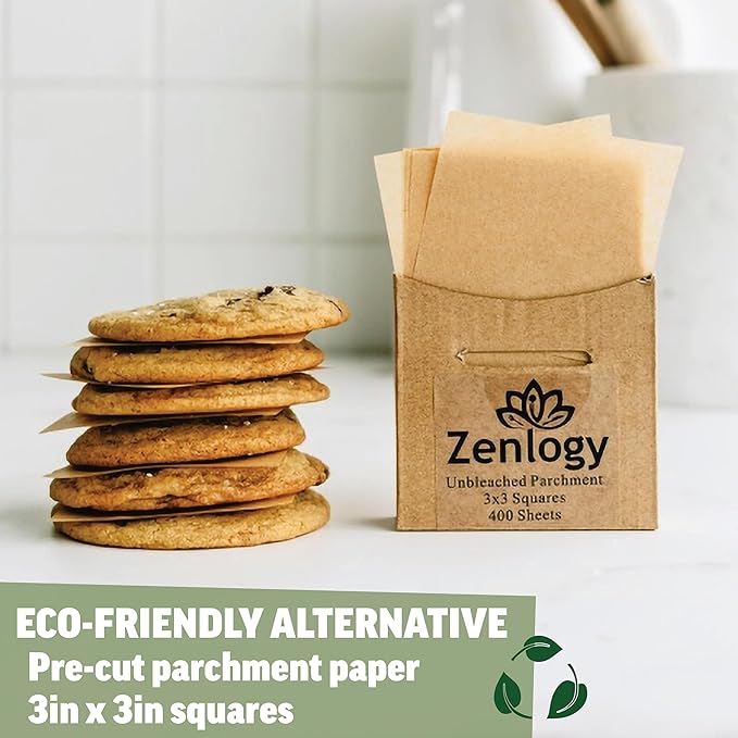 Zenlogy 3x3 Small Parchment Paper Squares (400 sheets) - Unbleached, Non-stick, Pre-cut Mini
