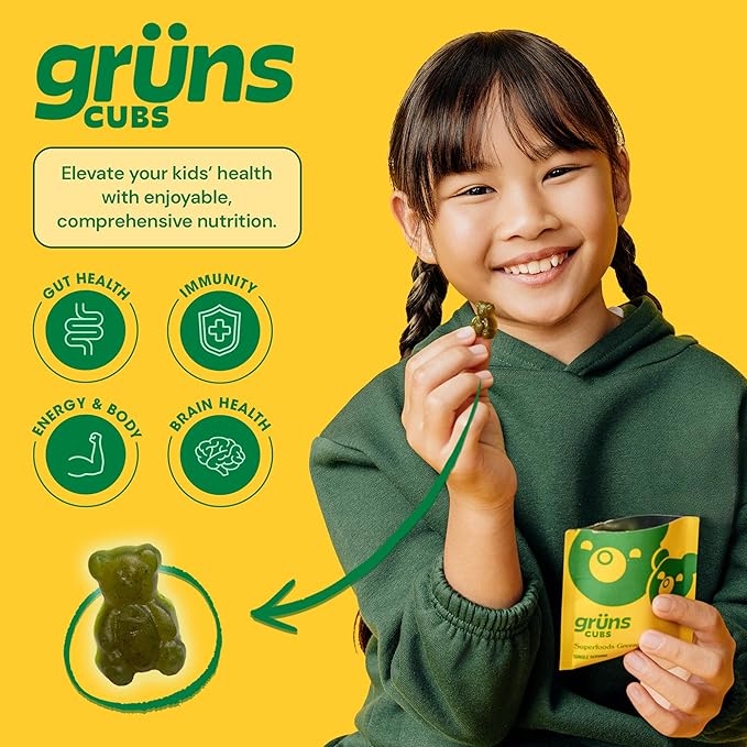 Gruns Kids Vitamins, Super Greens Gummies - Superfood Gummy Bears with Spirulina, Chlorella, 20+