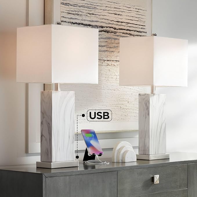 360 Lighting Connie Mid Century Modern Table Lamps 25" High Set of 2 with USB Charging Port White