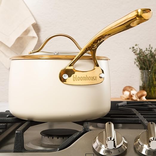 bloomhouse 3 Quart Heavy Duty Aluminum Premium PFA Free Ceramic Nonstick Saucepan with Lid - Almond
