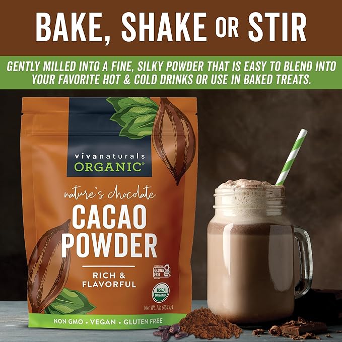Viva Naturals Organic Cacao Powder, 1lb - Unsweetened Cacao Powder With Rich Dark Chocolate Flavor