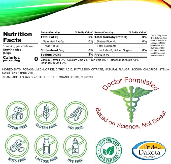 Electrolytes Powder Potassium Supplement - 2000 mg K+, >2X More Than Coconut Water | Cramp Relief