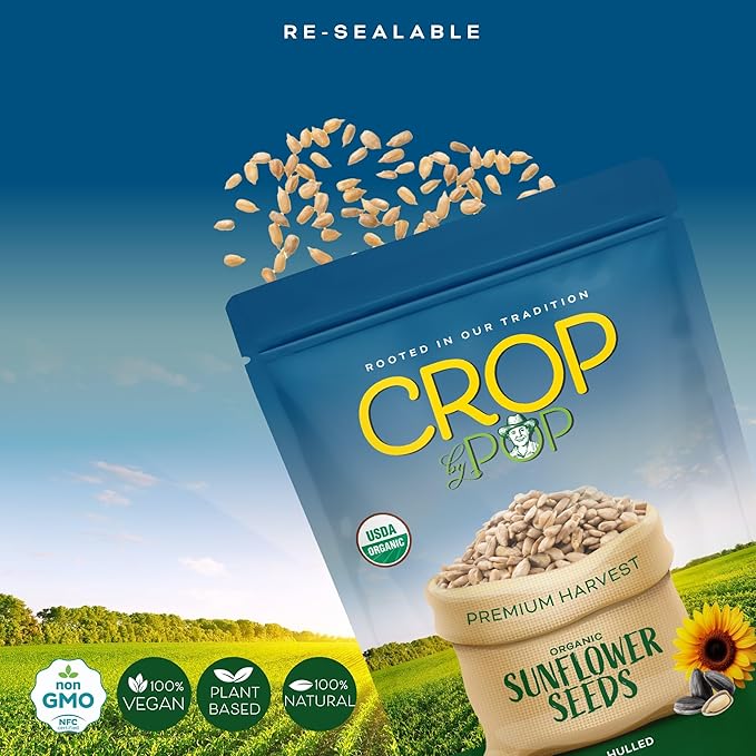 CROP BY POP - Organic Raw Hulled Sunflower Seed Kernels, Unsalted, Shelled (32oz - 2 LB) Packed