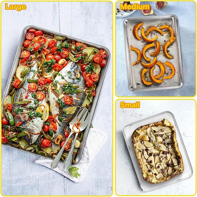E-far Baking Cookie Sheet Pan Set of 3, 16/12.4/10.4 Inch, Stainless Steel Baking Pans Set for