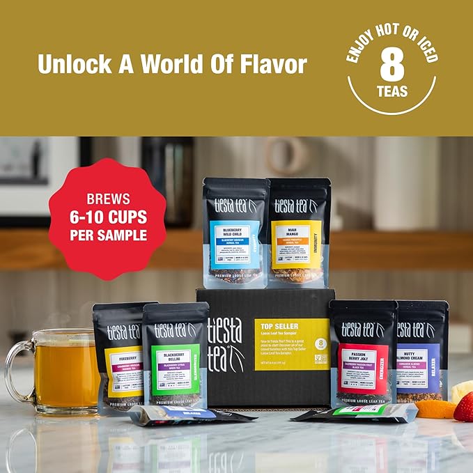 Tiesta Tea - Top 8 Favorites Sampler Set, Loose Leaf, Up to 80 Cups, High to No Caffeine, Hot &