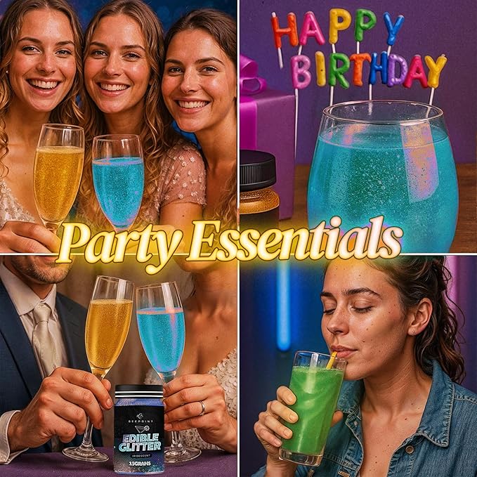BeePoint Iridescent Edible Glitter for Drinks 15g - Food Grade, Vibrant Color Shimmer Powdered Dust
