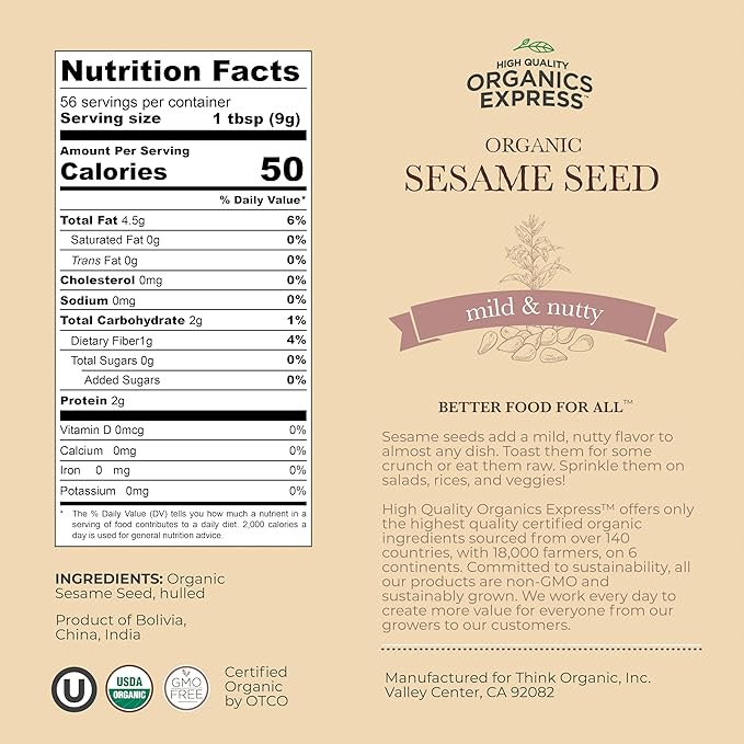 HQOExpress | Organic White Sesame Seed | Raw Sesame Seeds for Cooking and Food Seasoning - Semillas