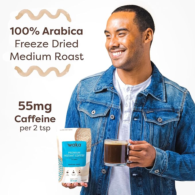 Waka Instant Coffee, Medium Roast - 100% Arabica Colombian Beans, Freeze Dried Granules, No Sugar