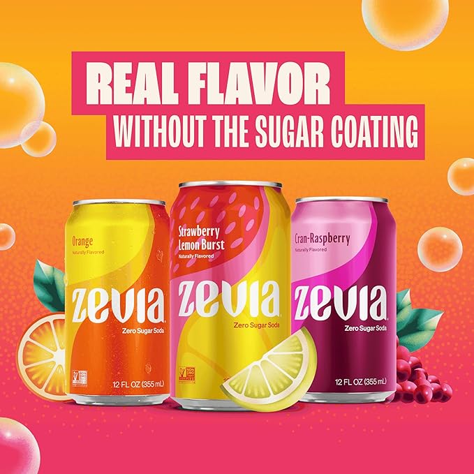 Zevia Zero Sugar Soda, Fruity Variety Pack, 12 oz Cans (24-Pack) ??Naturally Sweetened, Zero