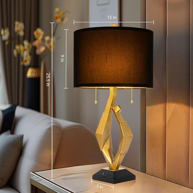 Sculptural Table Lamp Set of 2 with USB Ports For Living Room, Gold Leaf Finish Farmhouse Bedside