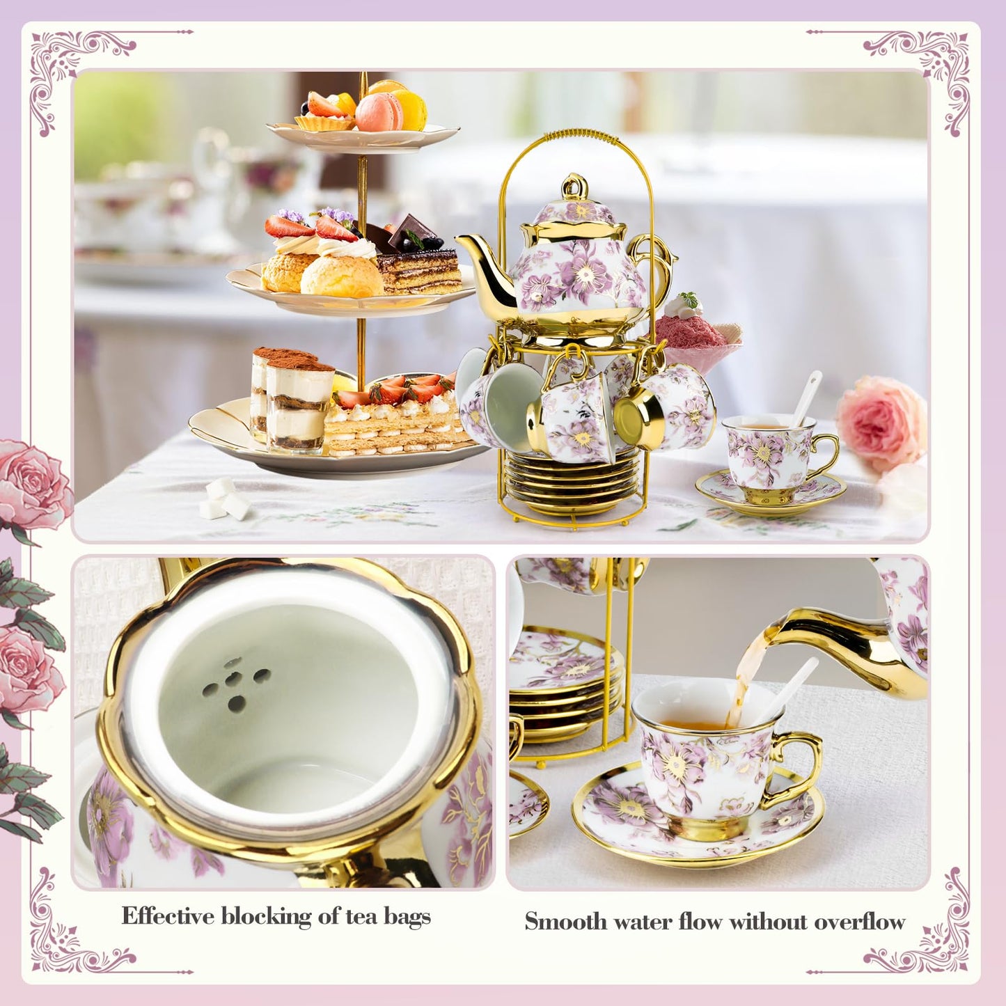 Hebaogugu 20 Pcs Porcelain Tea Set with Metal Holder, European Ceramic Tea Set for Adults, Adult