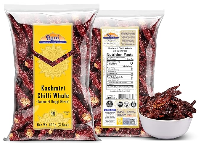 Rani Kashmiri Chilli Whole (Deggi Mirch, Low Heat) 3.5oz (100g) ~ Natural | Salt-Free | Vegan | No