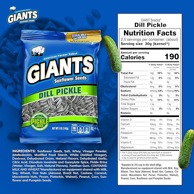 GIANTS Dill Pickle Sunflower Seeds - Sunflower Seeds Bulk, Big Sunflower Seeds to Eat, Roasted