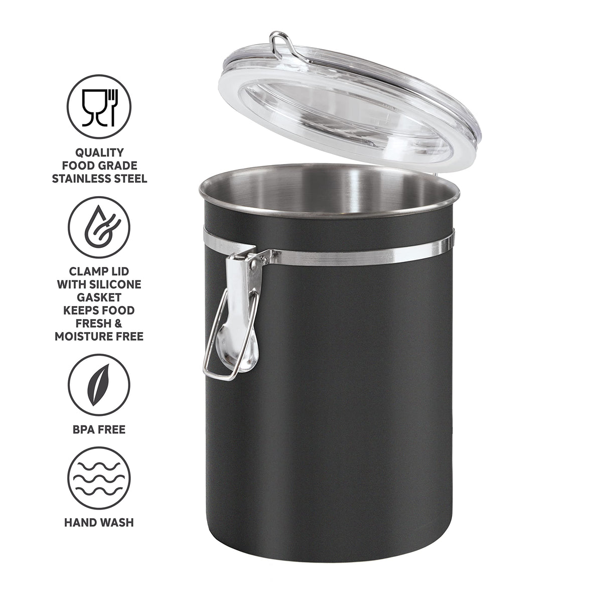 Oggi Stainless Steel Kitchen Canister 47 fl oz, Black - Airtight Clamp Lid, Clear See-Thru Top