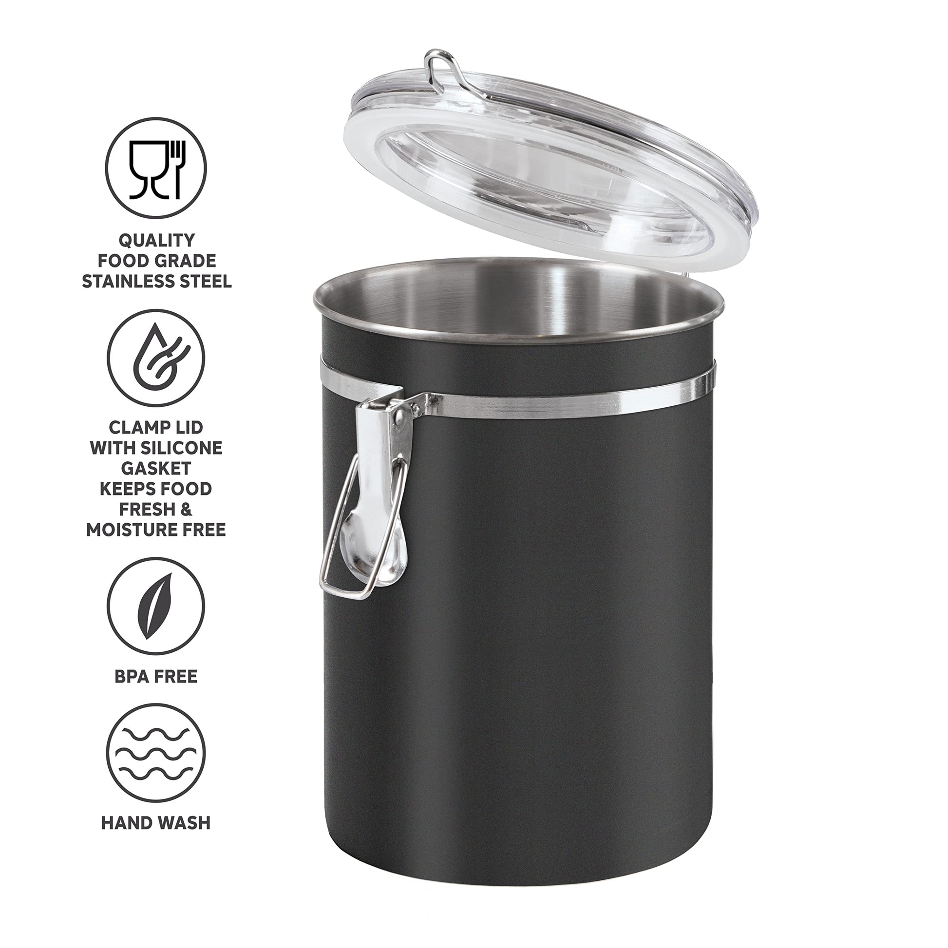 Oggi Stainless Steel Kitchen Canister 47 fl oz, Black - Airtight Clamp Lid, Clear See-Thru Top