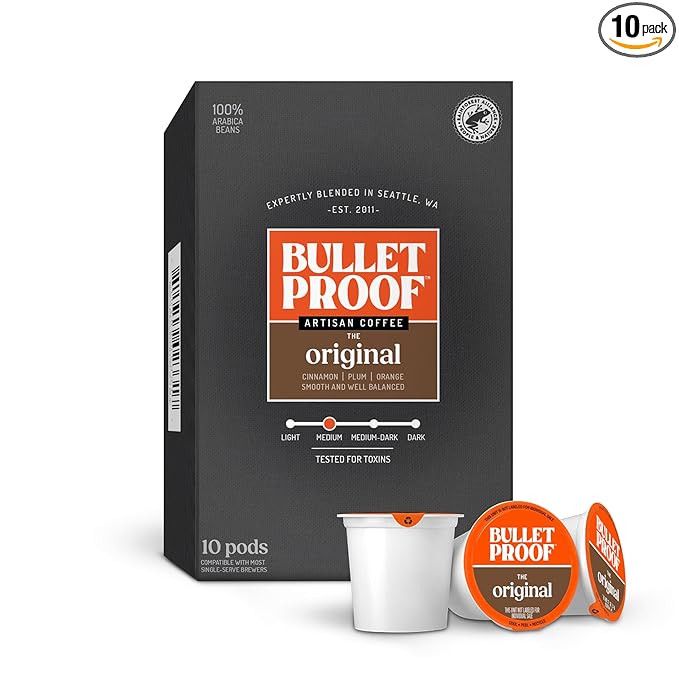 Bulletproof Original Medium Roast Single-Serve Pods, 10 Count, Arabica Beans, Clean Coffee Tested
