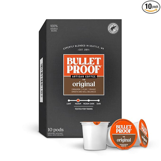 Bulletproof Original Medium Roast Single-Serve Pods, 10 Count, Arabica Beans, Clean Coffee Tested