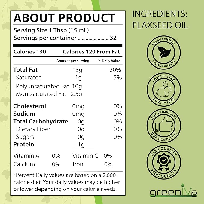 GreenIVe Flax Seed Oil Organically Grown100% Pure Cold Pressed High Vegan Omega Fatty Acids (16 Fl