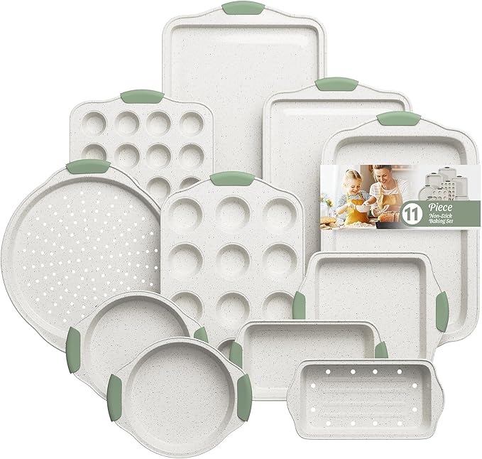 11-Piece Non-Toxic Baking Set, Stackable Nonstick Cookware with Heat-Resistant Handles - Includes