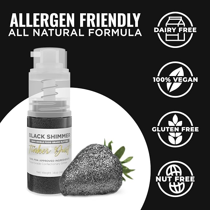 Bakell - Black Tinker Dust (4g, 1x Mini Spray Pump) Edible Glitter for Food, Desserts, and