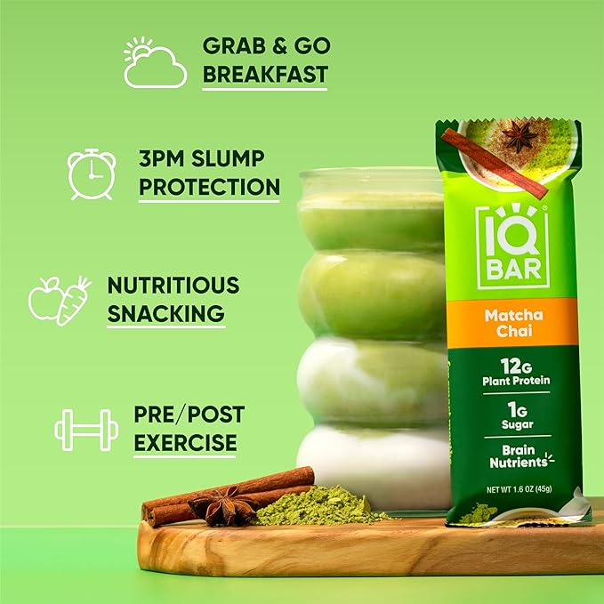 IQBAR Brain and Body Plant Protein Bars - Matcha Chai - 12-Count Low Carb - Gluten Free, High