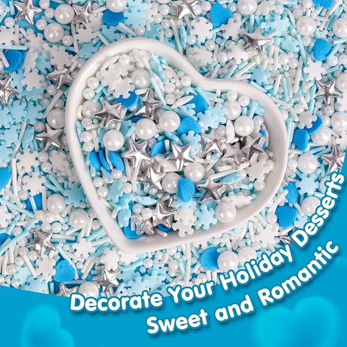 Edible Frozen Sprinkles ,Blue Heart White Snowflake Silver Star Pearl Jimmies
