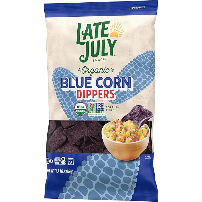 Late July Snacks, Dippers, Organic Blue Corn Tortilla Chips, 7.4-oz. Bag (Pack of 3)
