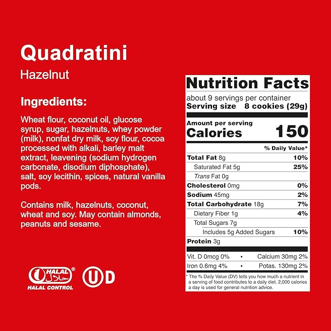 Loacker Quadratini Hazelnut Wafer Cookies LARGE - 30% Less Sugar - Premium Crispy Bite Size Wafers