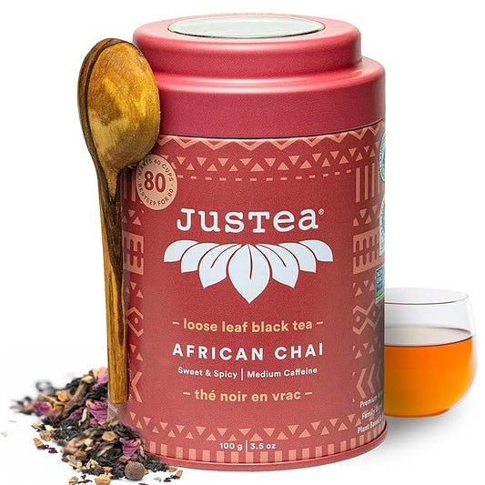 JusTea AFRICAN CHAI | Loose Leaf Black Tea | Tin with Hand Carved Tea Spoon | 40+ Cups (3.5oz) |