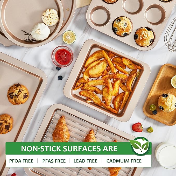 HONGBAKE Bakeware Sets, Baking Pans Set, Nonstick Oven Pan for Kitchen with Wider Grips, 10-Piece