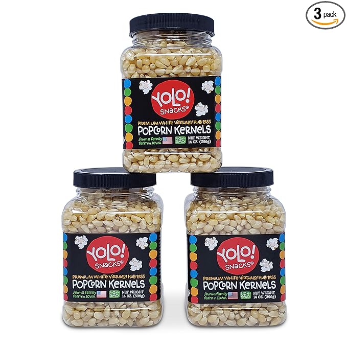 YOLO! Snacks - Gourmet White Virtually Hulless Popcorn Kernels - Small Kernels - Non-GMO - 14oz (3